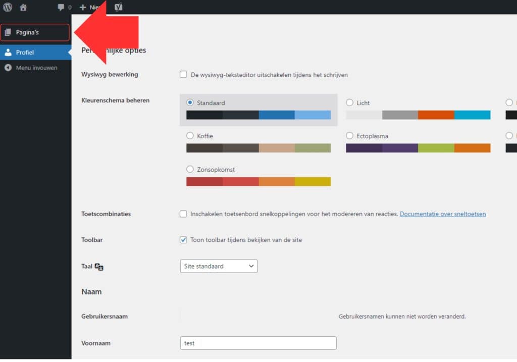 Wordpress Dashboard klik op pagina's