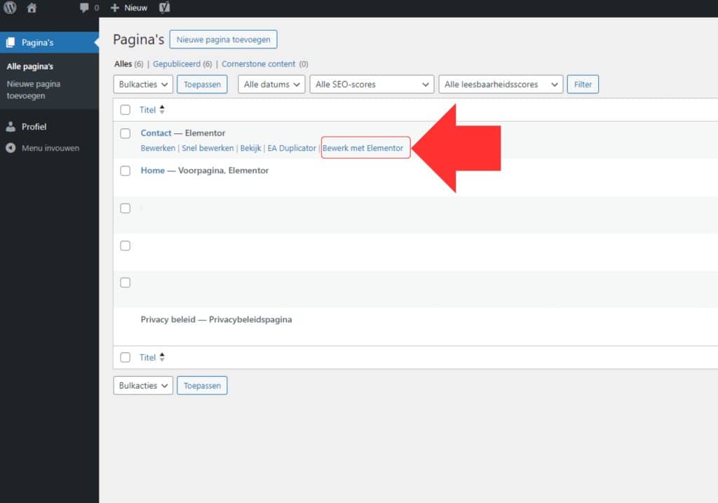 bewerk met elementor via dashboard